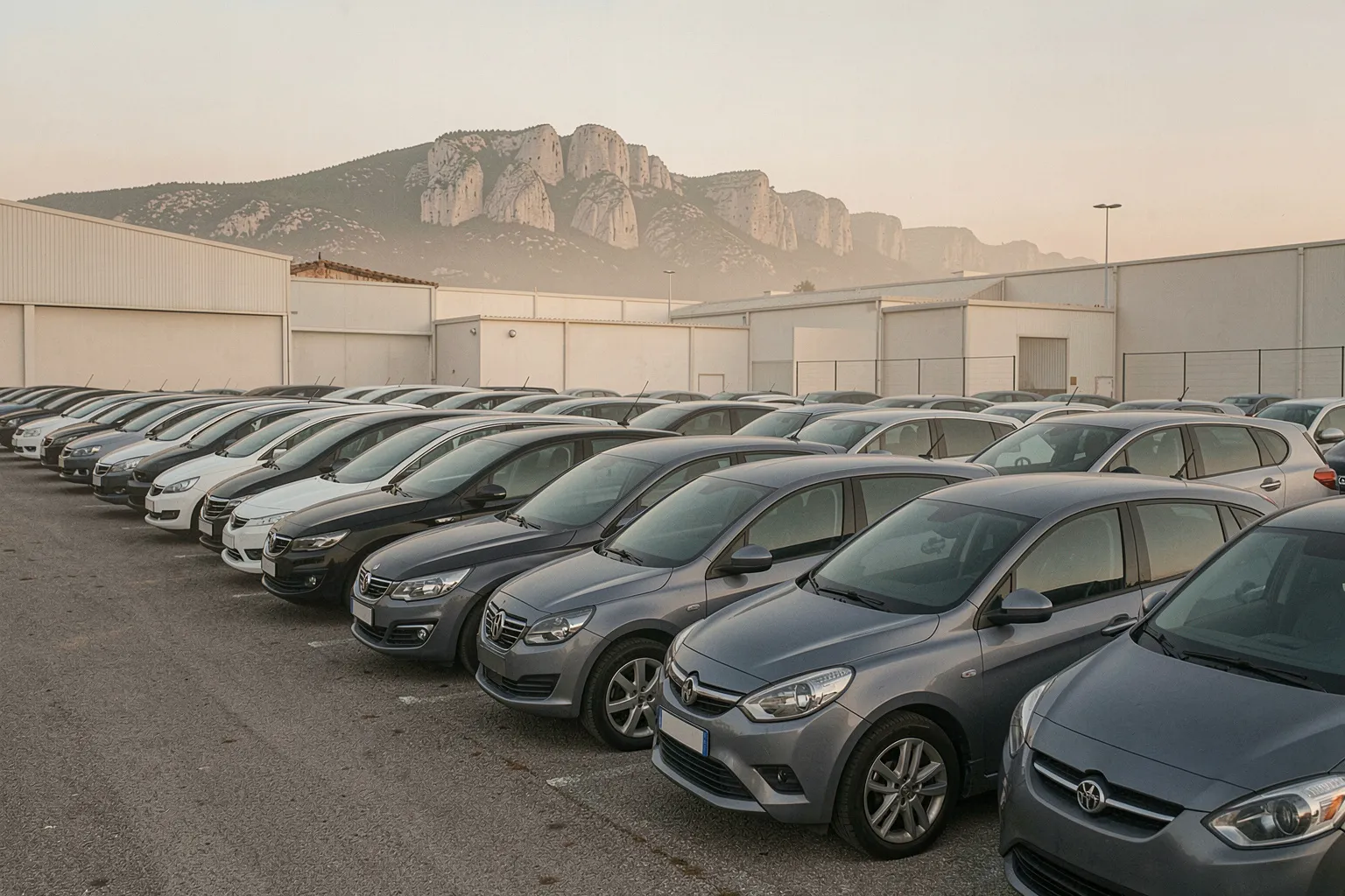 Voitures garées serrées sur un parking d’entreprise au petit matin, entrepôts clairs et massif calcaire du Garlaban à l’horizon